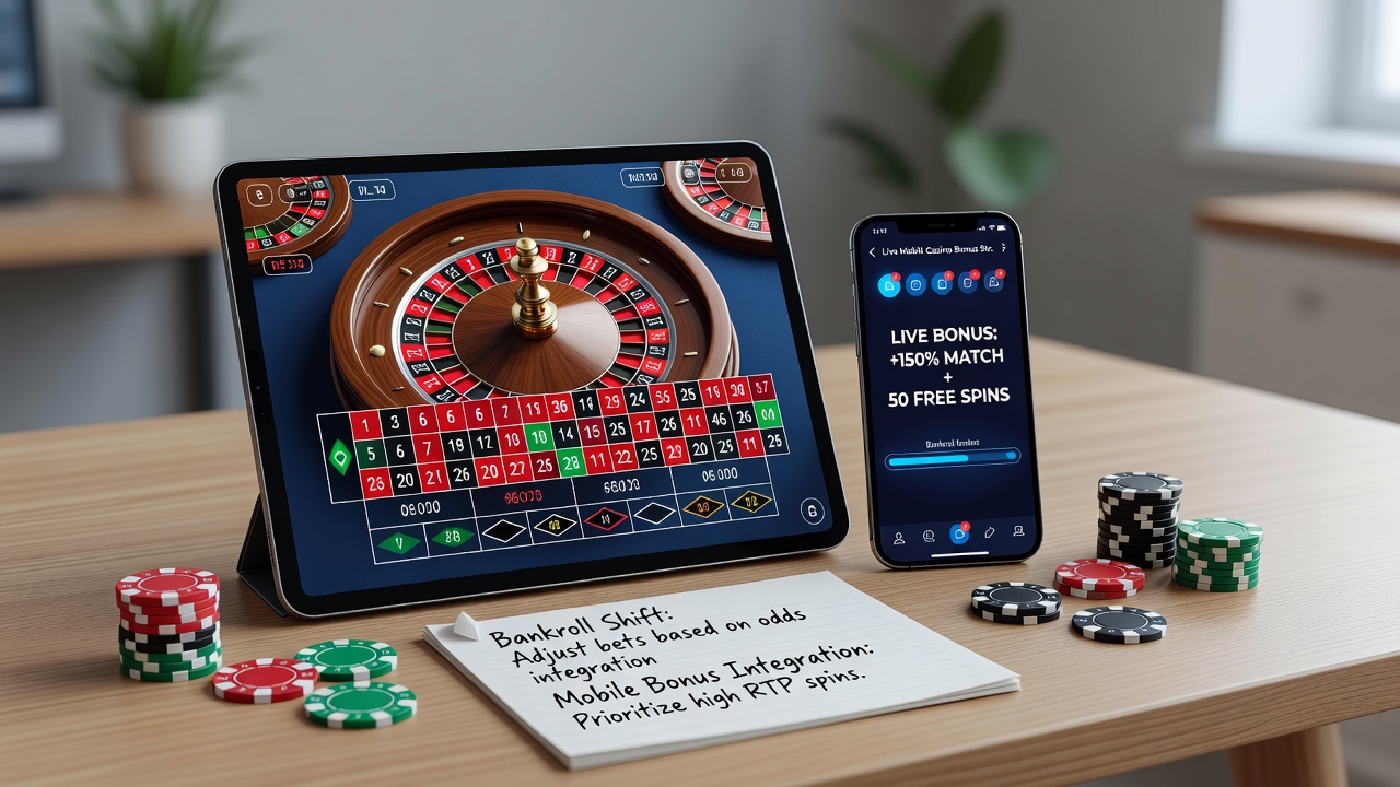Mobile screen displaying roulette table with overlaid bonus progress tracker and bankroll meter