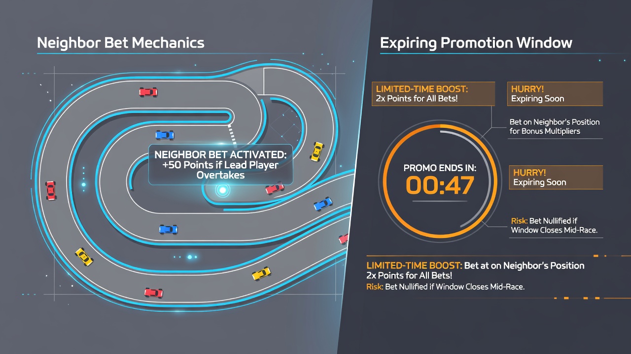 Close-up view of digital roulette wheel with highlighted neighbor bet zones and overlaid promotion countdown in a multiplayer lobby